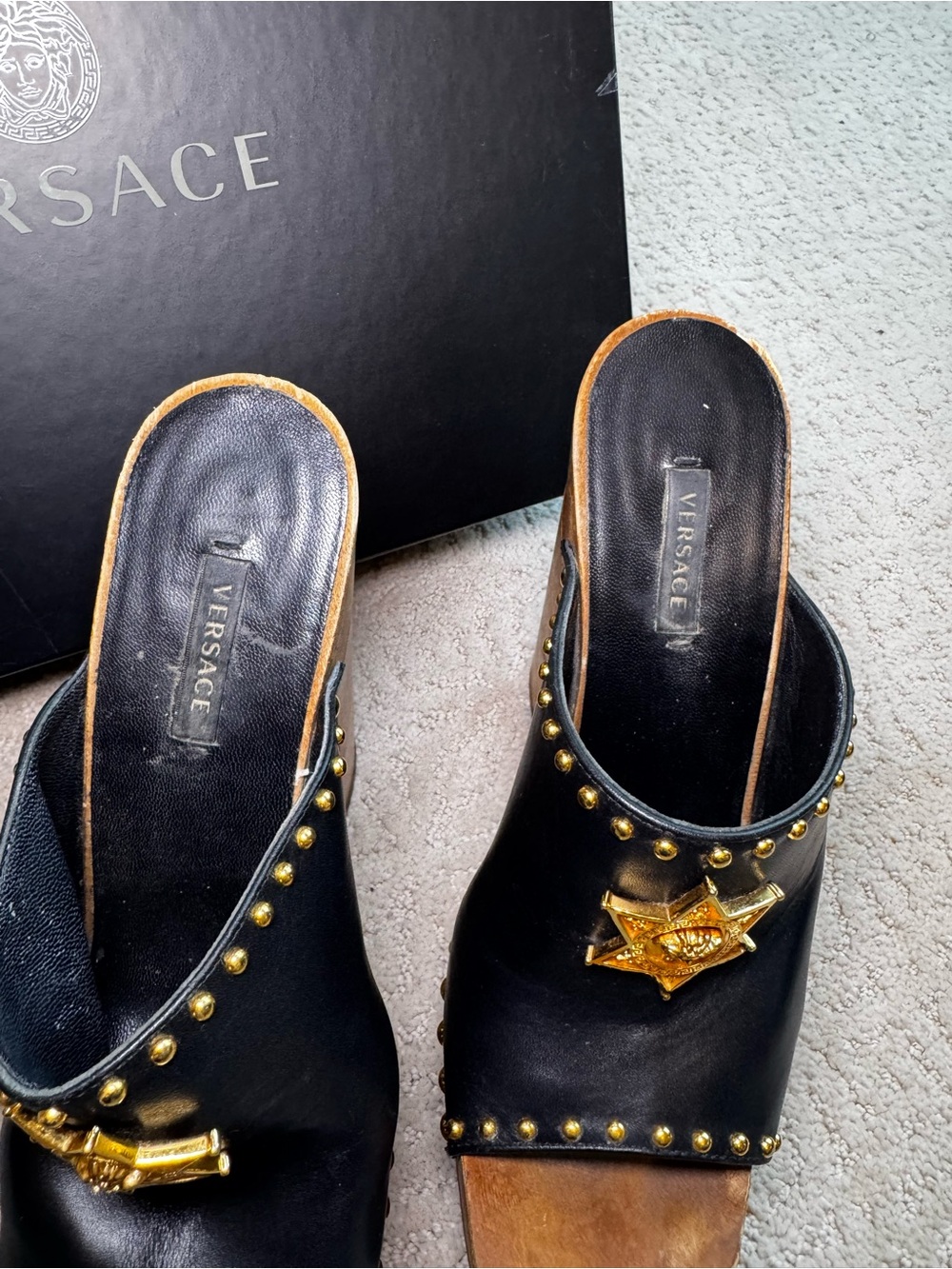 Versace Black Leather Platform Clogs with Gold Star and Studded Details Size 6.5 - Picture 9 of 10